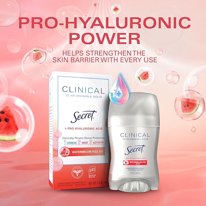 Secret Clinical Strength Antiperspirant Deodorant for Women, 3X Stress Protection, 72hr Sweat & Odor Protection, Pro-Hyaluronic Acid, Invisible Solid, Watermelon Summer Fizz Scent, 1.6 oz
