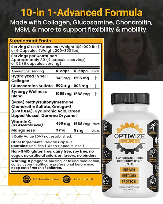 10-in-1 Joint Support Hydrolyzed Collagen,MSM, Hyaluronic Acid, Glucosamine,Chondroitin & More- Targets Joint Discomfort, Improves Mobility & Flexibility 320 Caps for Men & Women Made in USA
