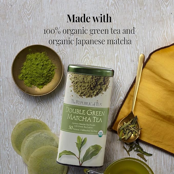 The Republic of Tea - Organic Double Green Matcha, Naturally Caffeinated Japanese Green Tea Powder and Leaves, Steeps 50 Cups