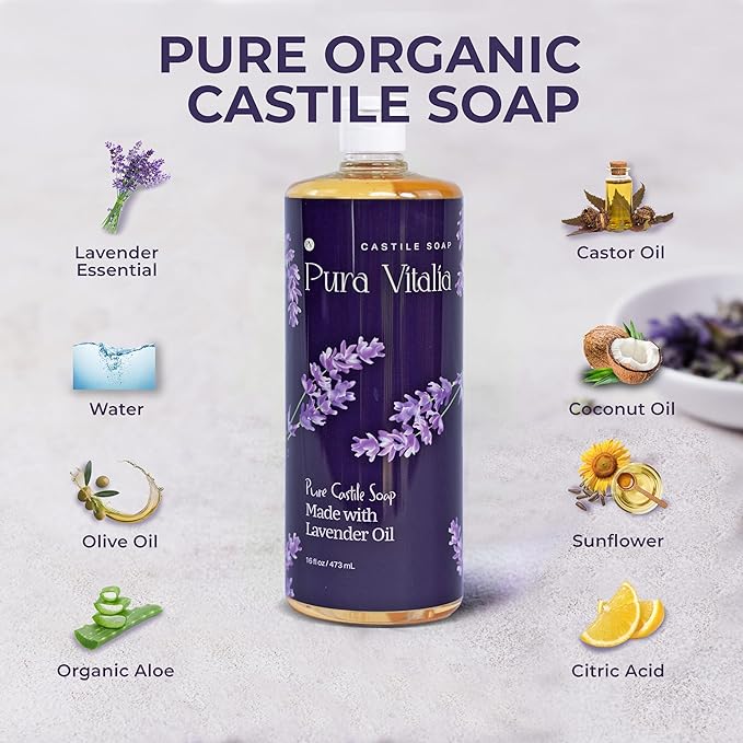 Lavender Organic Castile Soap | Body Wash & Cleanser for Face & Hands | Biodegradable, Eco-Friendly, Palm Oil Free, Vegan & Gentle | Made with 6 Natural Ingredients - 32 oz