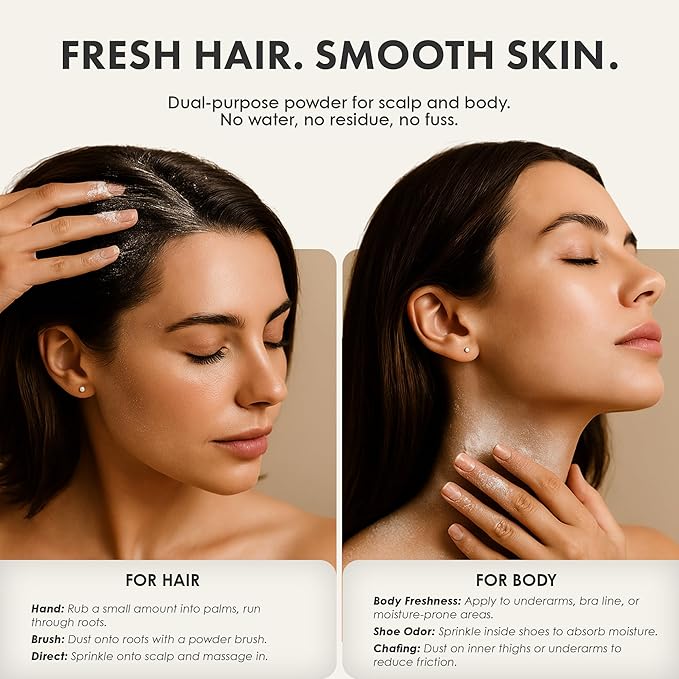 Non-aerosol Dry Shampoo Powder for Dark, Blonde and Oily Hair, Natural Body Powder for Women and Men, Paraben, Talc free No White Cast Synthetic Fragrance, Vetiver and Black Pepper - 4oz