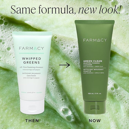 Farmacy Foaming Face Wash for Oily Skin - Whipped Greens Oil-Free Gentle Facial Cleanser + Exfoliator - Infused with Green Clay to Remove Impurities, Control Oil + Maintain Skin Hydration (150ml)