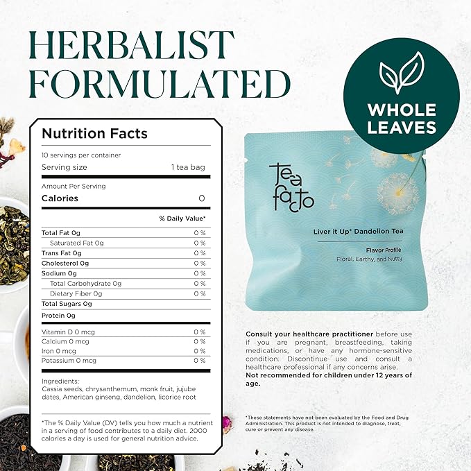 Tea Facto Liver It Up* Dandelion Tea Bags with Cassia Seeds, Ginseng, Licorice Roots, Red Date - Natural Ingredients, Zero Added Sugar, Zero Caffeine - 10 Count