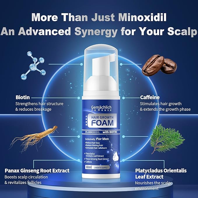 5% Minoxidil Foam for Men Hair Growth - Hair Regrowth Serum Treatment with Biotin, Caffeine, Rosemary Extract - Hair Loss Solution for Helps Prevent Thinning, Thickening Fuller Hair, Non-Greasy - 60ml