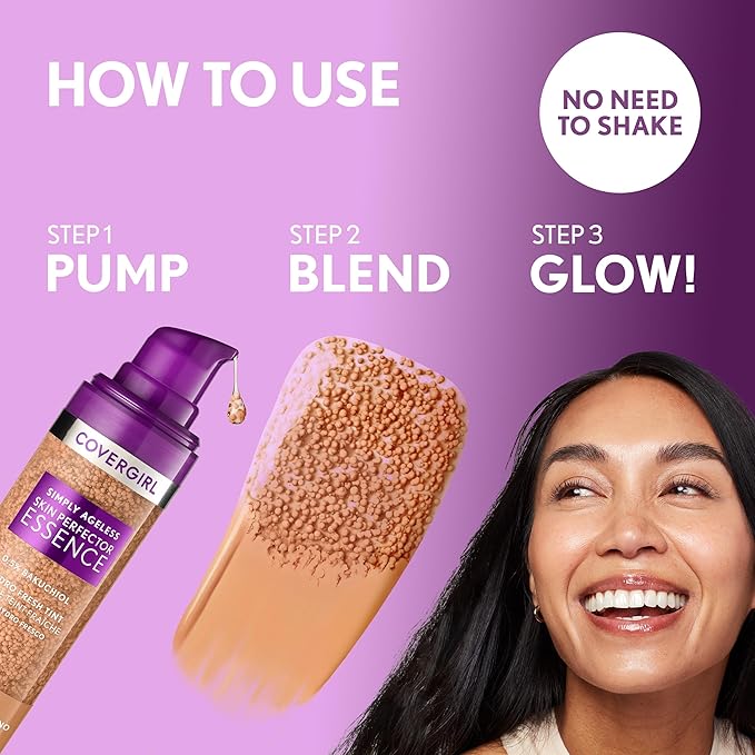 Covergirl Simply Ageless Skin Perfector Essence Foundation, 70 Rich, Tinted Skincare Makeup Hybrid, Sheer Tint, Radiant Finish, Glowy Finish, Vegan Formula, 1.0oz (Pack of 2)