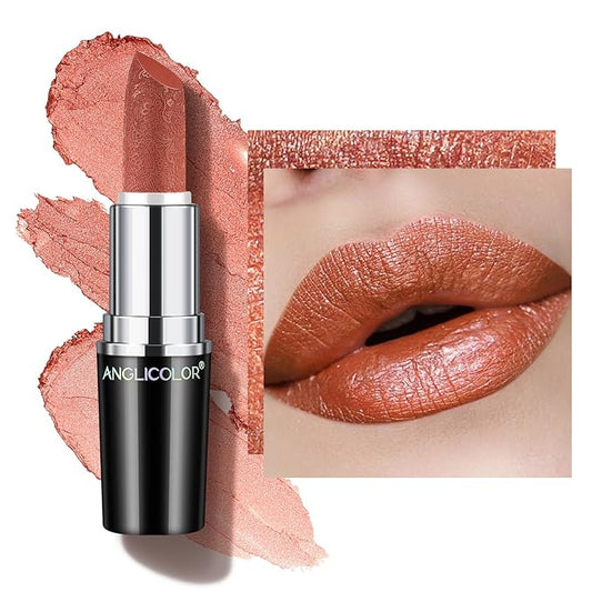 Glitter Metallic Coral Lipstick,High Impact Lipcolor,Lightweight Hydrating Formula Smooth and Non-Sticky,Orange Lipstick For Women,Full-Coverage Lip Makeup (05 BE HAPPY,4g)