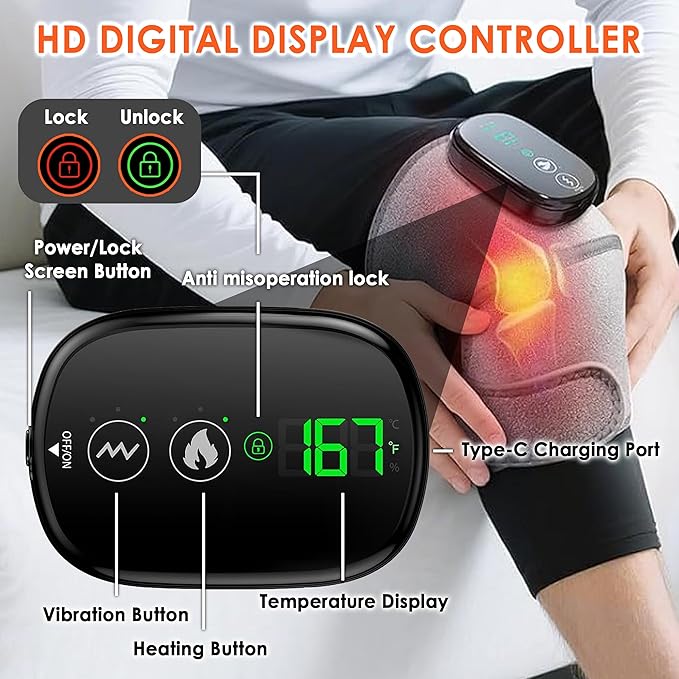 Cordless Knee Massager with Heat and Vibration, 3-in-1 Heating Pad for Knee, Shoulder, and Elbow, 5000mAh Battery, Portable Touchscreen Control for Pain Relief