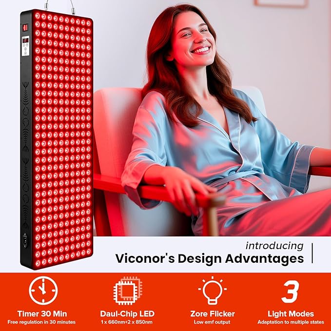 Red Light Therapy for Body, 660nm 850nm Near Infrared Light Therapy Panel, 300 Dual Chip LED Device with 1500W of Power, Ideal for Body, Face, Improve Sleep, Skin Health, Includes Hanging Kit & Handle