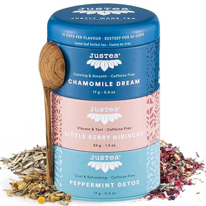 JusTea Herbal Tea Trio | Stacking Tins Variety Pack with Hand Carved Tea Spoon | Loose Leaf | Caffeine Free | Award-Winning | Fair Trade | Non-GMO