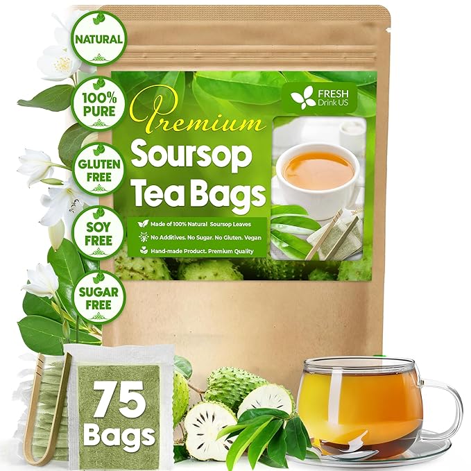 FreshDrinkUS, Premium 75 Soursop Graviola Leaf Tea Bags, 100% Natural and Pure from Soursop Leaves, Handmade, Made With Natural Materials-Corn Fiber Tea Bag, Sugar/ Caffeine/ Gluten Free, Hoja Guanabana Tea