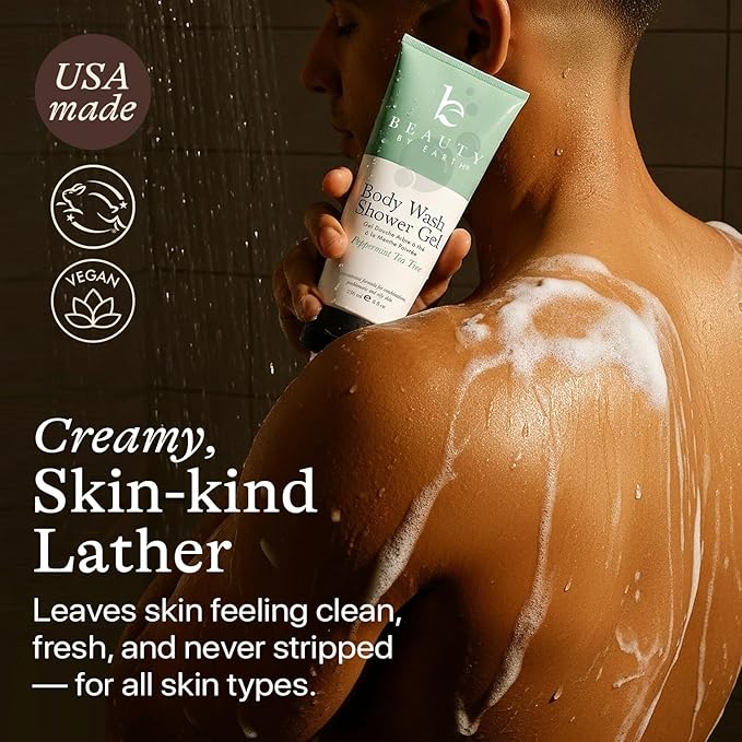 Beauty by Earth Peppermint Tea Tree Oil Shower Gel Body Wash - Made in USA with Organic & Natural Ingredients, Mens Body Soap Liquid, Moisturizing Cleansing Gel for Men & Women, Non Toxic Body Wash