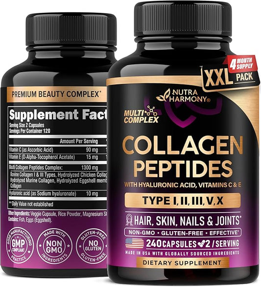 Multi Collagen Peptides - Hydrolyzed Types I, II, III, V & X - Collagen Supplement for Women 1300mg - w/ Hyaluronic Acid, Vitamins C & E - Skin, Hair, Nails & Joint Support - Made in USA, 240 Capsules