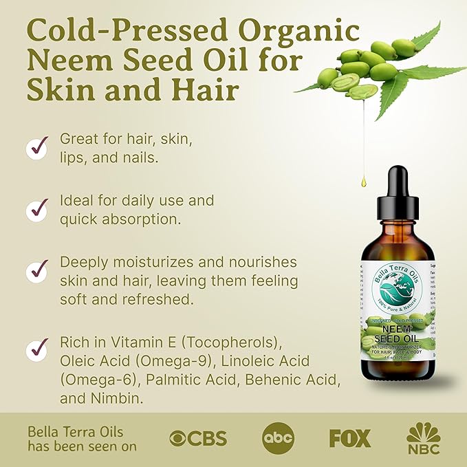 Bella Terra Oils - Organic Neem Seed Oil 8 oz - Harnessing the Power of Organic Neem Seeds, Rich in Stearic Acid, A Luxurious Elixir for Natural Skin Care