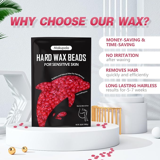 Hard Wax Beads for Hair Removal, 3lb Bulk Red Professional Brazilian Waxing Beads for Sensitive Skin Women Men, 48oz Big Bag of Wax Pellets for Body Bikini Legs Fine Hair & Coarse Hair Strawberry Red