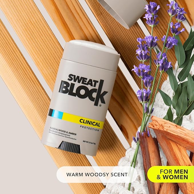 SweatBlock Clinical Strength Deodorant and Antiperspirant for Men and Women Sandalwood & Amber Scent 2 Pack 48 Hour Protection Against Odor & Excessive Sweat Ideal for Active Lifestyles and Daily Use