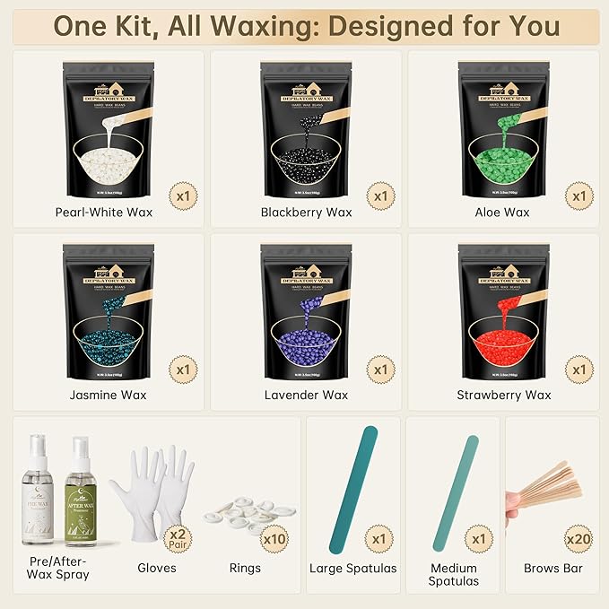 Lifestance Wax Beads Set, 6 Kinds of Waxing Beads, Hard Wax Beans with 44 Items, Perfect for Any Waxing Warmers, Wax Beads for Hair Removal for Full Body Bikini Brazilian Underarm Eyebrow, Face Legs