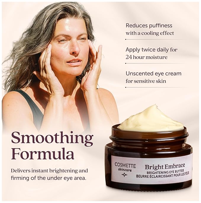 Cosmette Bright Embrace Brightening Eye Cream - Vegan Under Eye Butter for Dark Circles, Bags & Wrinkles with Niacinamide - Natural, Anti-Aging Sensitive Skin Protection for Clean Beauty, 0.5 FL Oz