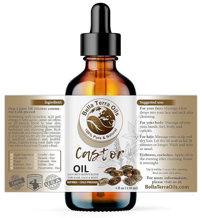 Bella Terra Oils - Organic Castor Oil 4oz Glass Bottle - Luxuriate with Cold-Pressed Organic Castor Goodness, Overflowing with Palmitic Acid, Perfect Skin Partner