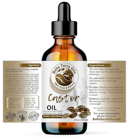 Bella Terra Oils - Organic Castor Oil 4oz Glass Bottle - Luxuriate with Cold-Pressed Organic Castor Goodness, Overflowing with Palmitic Acid, Perfect Skin Partner