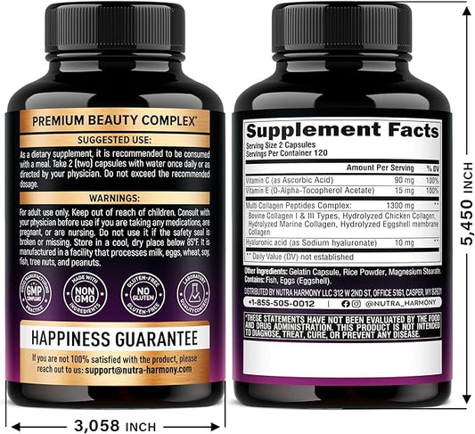 Multi Collagen Peptides - Hydrolyzed Types I, II, III, V & X - Collagen Supplement for Women 1300mg - w/ Hyaluronic Acid, Vitamins C & E - Skin, Hair, Nails & Joint Support - Made in USA, 240 Capsules