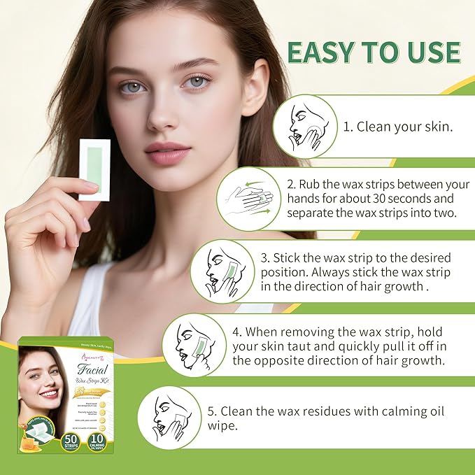 Beauty7 Facial Wax Strips-Eyebrow Wax Strips-50 Waxing Strips for Face, Lip,10 Calming Oil Wipes, Ready Use At Home Waxing Kit for All Skin Types