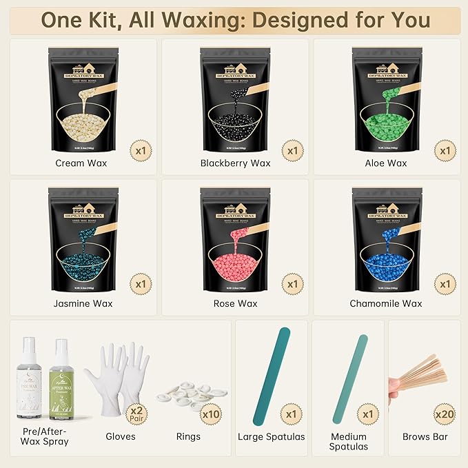 Lifestance Wax Beads Set, 6 Kinds of Waxing Beads, Hard Wax Beans with 44 Items, Perfect for Any Waxing Warmers, Wax Beads for Hair Removal for Full Body Bikini Armpit Underarm Eyebrow Face Leg