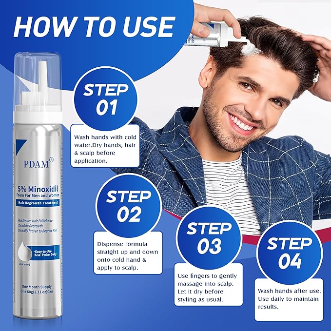Minoxidil for Men and Women Foam Hair Growth - 5% Minoxidil Foam Hair Regrowth Treatment for Men, Topical Hair Loss Treatments, Extra Strength Thicker & Fuller Hair, 4 x 2.11 oz for 4 Months