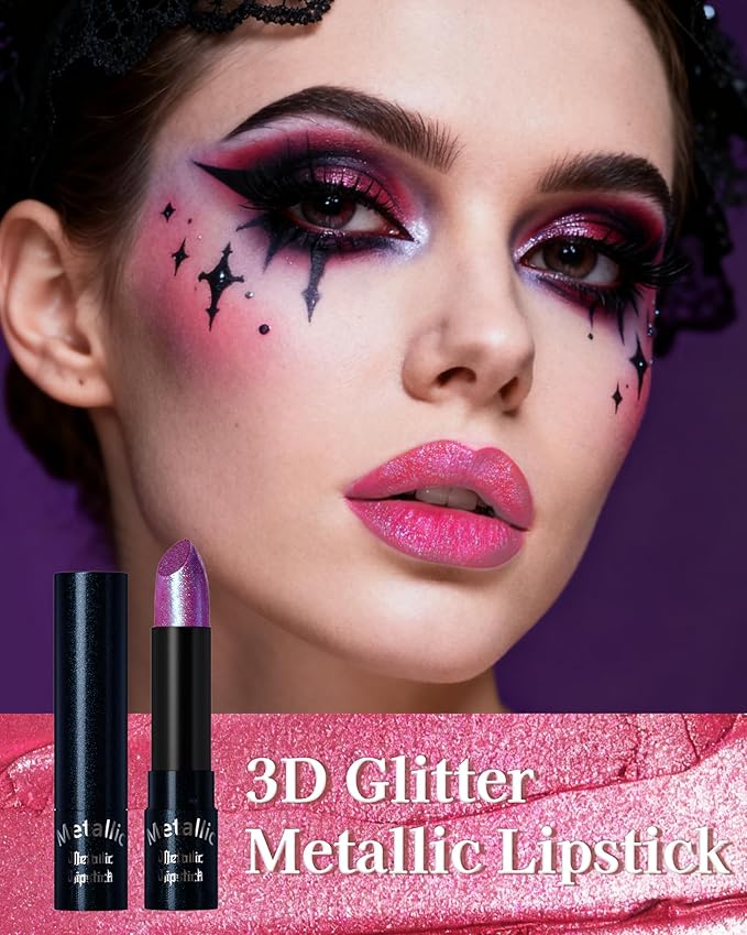 Glitter Metallic Shimmer Lipstick, Magenta Lipstick Long Lasting, Diamond High Pigmented Shiny Metallic Lip Stick, Non-sticky Sparkly Fuchsia Lipsticks for Women Christmas Makeup-07 Magenta