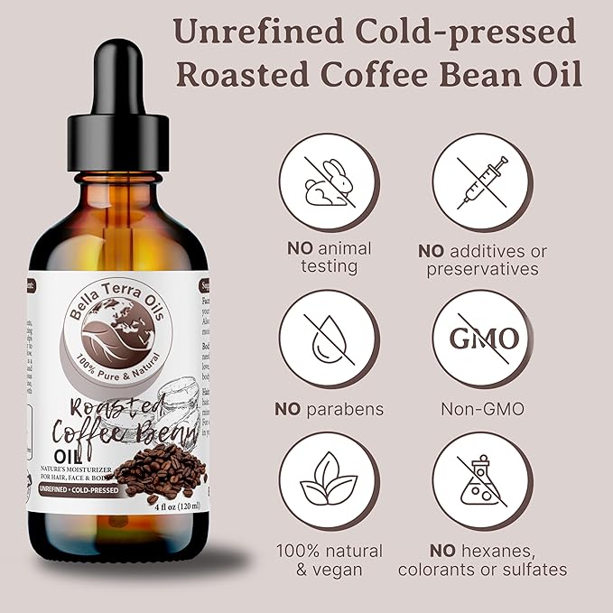 Bella Terra Oils - Roasted Coffee Bean Oil 2oz - The Ultimate Coffee Serum, Abundant in Palmitic Acid & Vitamin E, Dive into Coffee's Nourishing Embrace