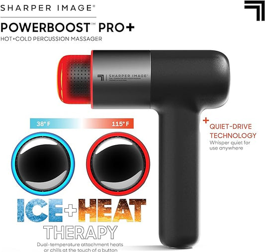 Sharper Image® Powerboost® Pro+ Hot & Cold Deep Tissue Massage Gun - 6 Speeds, 6 Attachments, 5-Hour Battery, Travel Case, Charging Base, Shoulder & Back Massager, Pain Relief Tool, FSA Eligible