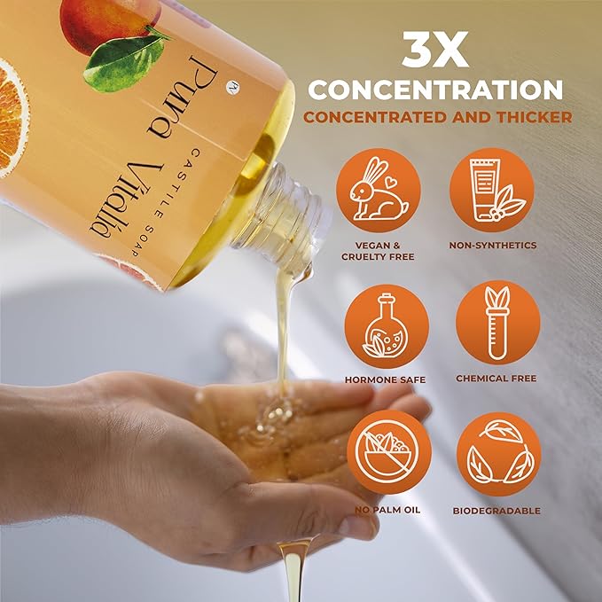 Citrus Organic Castile Soap | Body Wash & Cleanser for Face & Hands | Biodegradable, Eco-Friendly, Palm Oil Free, Vegan & Gentle | Made with 6 Natural Ingredients - 32 oz