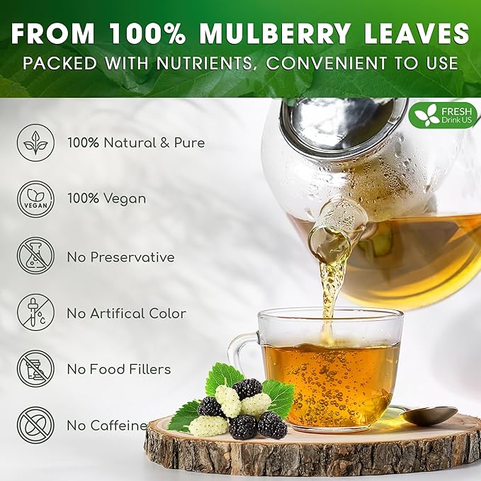 FreshDrinkUS Premium 75 Mulberry Leaf Tea Bags, 100% Natural & Pure. Loose Leaf Herbal Tea. Made with Natural Material Tea Bags. No Sugar, No Caffeine, No Gluten, Vegan