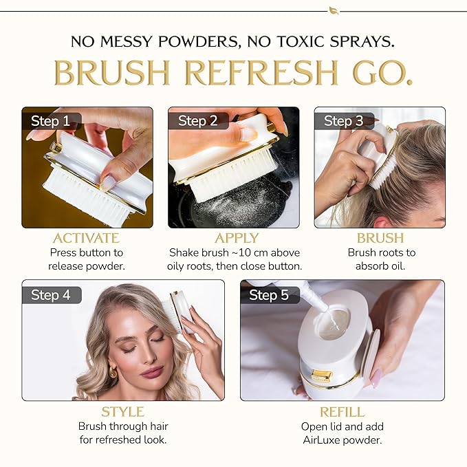DARCASE Premium Dry Shampoo Brush - Non Aerosol Dry Shampoo for Women - Refillable Travel Size Powdered Shampoo Brush - Travel Essentials for Women - Pre-Filled 30ml Unscented Talc Free Hair Powder