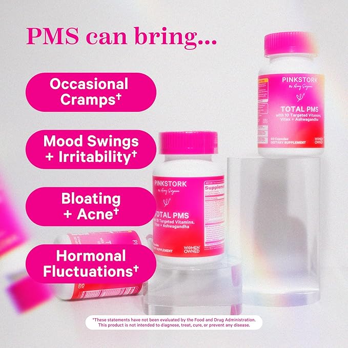 Pink Stork PMS Supplement for Women - Vitex, Ashwagandha, Maca Root & 10 Vitamins & Minerals to Support Hormone Balance, Mood, Bloating, Period Regularity - 60 Capsules