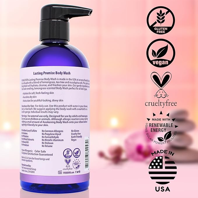 PURA D'OR 16 Oz Lasting Promise Body Wash – Calming Lavender Scent – Aloe Vera Based, Infused with Rosemary & Chamomile Oil – pH Balanced, Sulfate-Free, Hypoallergenic, Vegan – For Men & Women