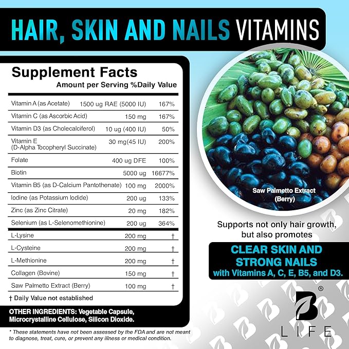 Men’s Hair Growth Supplement – Biotin & Collagen Hair Vitamins for Men – Thicker, Fuller Hair, Nail & Scalp Support – Hair Loss Supplement with Zinc, Selenium & Vitamins A C D E – 240 Capsules