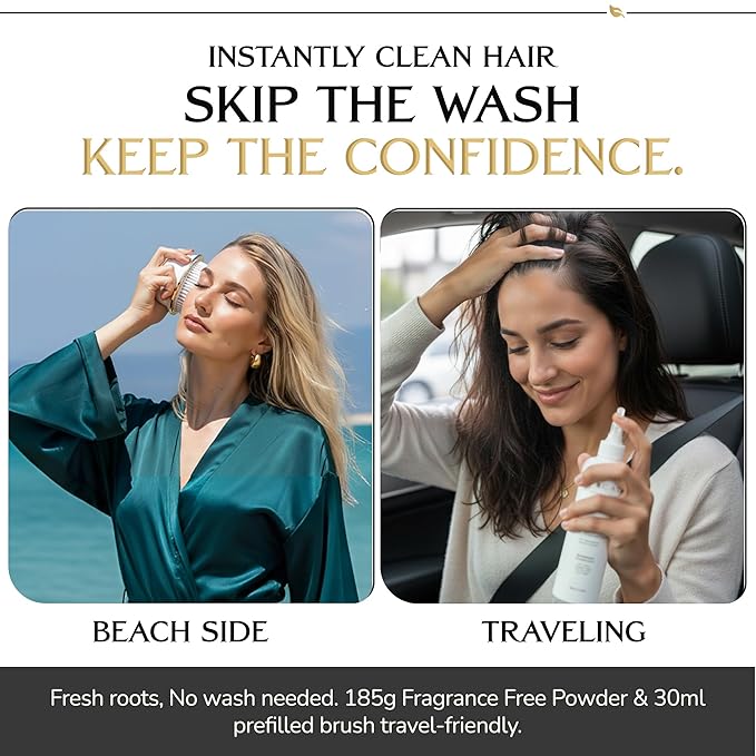 DARCASE Dry Shampoo Powder with Refillable Dry Shampoo Brush - Travel Size Powdered Shampoo Brush - Travel Essentials for Women - Pre-Filled 30ml Unscented Hair Powder Brush & 6.5oz Unscented Bottle