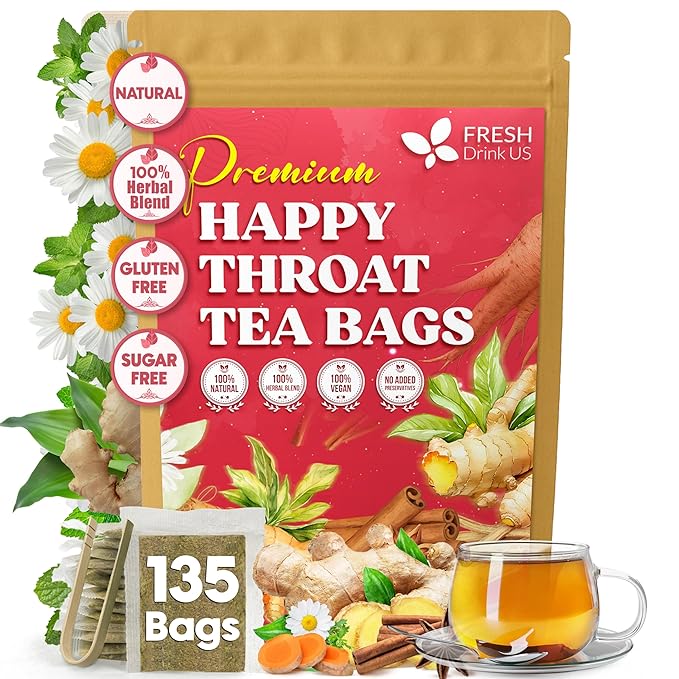 Premium Happy Throat Herbal Tea – 135 Bags Of Supper Tea Blend: Marshmallow Root, Slippery Elm & Ginger – Dry & Sore Throat Relief – Caffeine-Free, No Honey, No Citrus – No Sugar