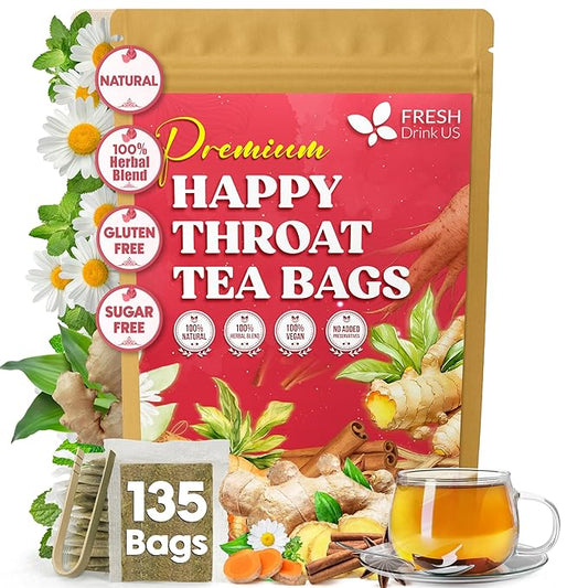 Premium Happy Throat Herbal Tea – 135 Bags Of Supper Tea Blend: Marshmallow Root, Slippery Elm & Ginger – Dry & Sore Throat Relief – Caffeine-Free, No Honey, No Citrus – No Sugar