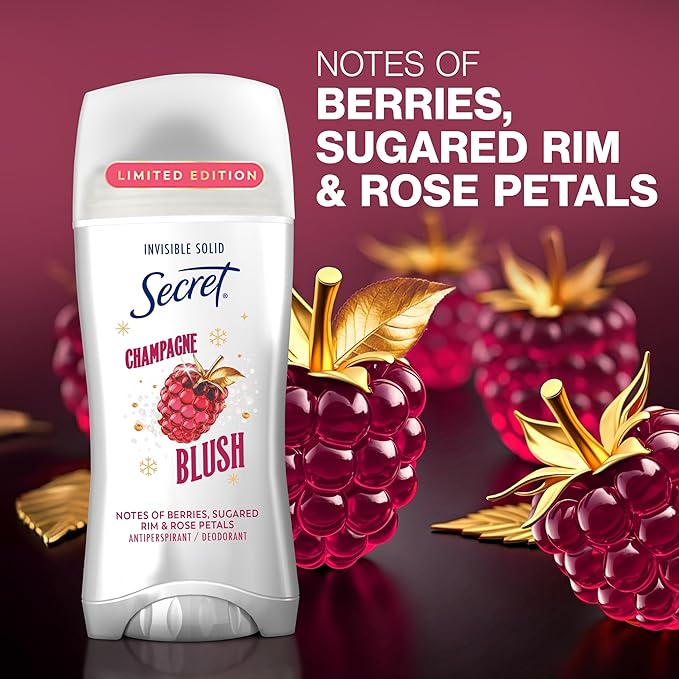 Secret Fresh Antiperspirant Deodorant for Women, 72hr Breathable Odor Protection with Pro-Hyaluronic Acid, Holiday Invisible Solid, Champagne Blush with Berries, Sugared Rim & Rose Petals Scent, 2.6oz