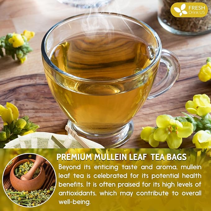 FreshDrinkUS, Premium 120 Mullein Leaf Tea Bags For Lung, 100% Natural & Pure from Mullein Leaves. Loose Leaf Mullein Herbal Tea. Made with Natural Material Tea Bags. No Sugar, No Caffeine, No Gluten, Vegan.