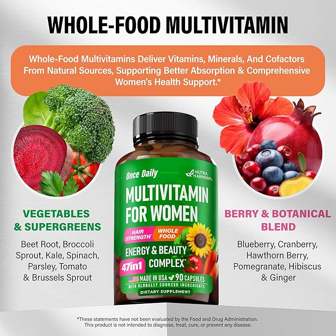 Multivitamin for Women - B-Complex | Whole Foods | Hair Growth Support | Digestion & Metabolism | Iron - 47in1 Womens Multivitamin - Bioavailable & Gentle on Stomach - Made in USA - 90 Capsules