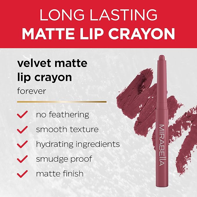 Mirabella - Velvet Matte Lip Crayon, Retractable Highly-Pigmented 2-in-1 Makeup, Long-Lasting Hydrating Lipstick Crayon + Lip Liner, Moisturizing Cream-to-Matte Lipcare Formula, Forever
