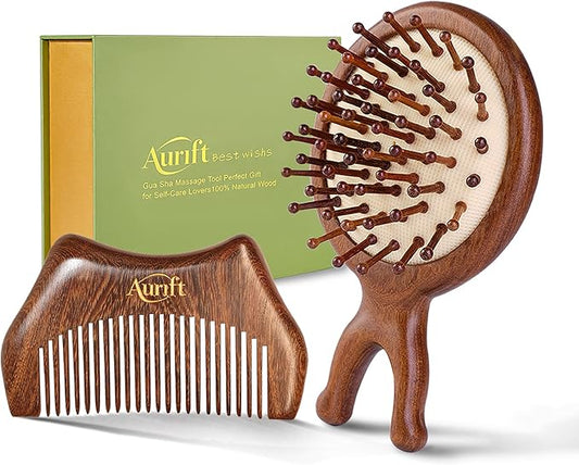 Mini Travel Hair Brush and Comb Set, Christmas Gifts for Adults Mon, Scalp massager Hair Growth, Wooden Detangler Comb, Small Curly Hair Wet Brush for Women Girls Kids, Facial Massage Gua Sha Tool