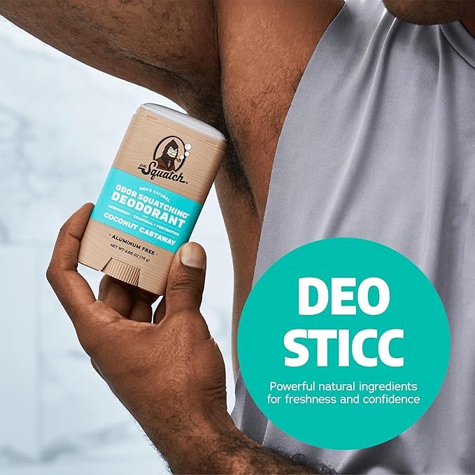Dr. Squatch Natural Men’s Deodorant – Aluminum Free Natural Deodorant Men with Charcoal & Postbiotics for 72-Hour Odor Protection – Coconut Castaway, 2.65oz Stick (3-Pack)