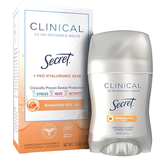 Secret Clinical Strength Antiperspirant Deodorant for Women, 3X Stress Protection, 72hr Sweat & Odor Protection, Pro-Hyaluronic Acid, Invisible Solid, Mandarin Summer Fizz Scent, 1.6 oz