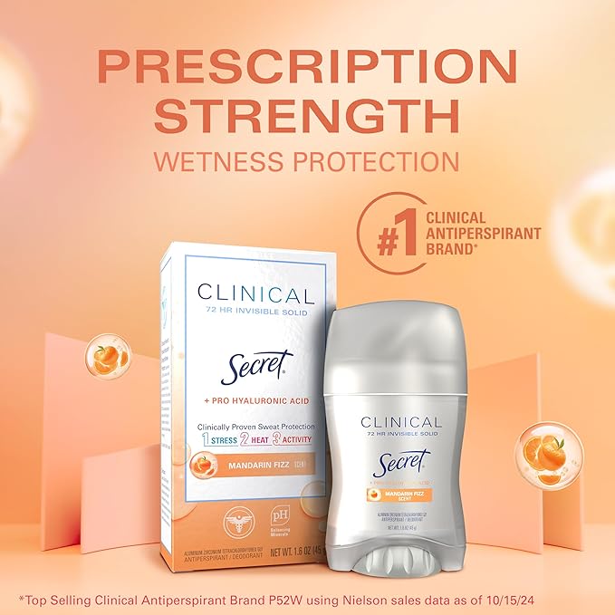 Secret Clinical Strength Antiperspirant Deodorant for Women, 3X Stress Protection, 72hr Sweat & Odor Protection, Pro-Hyaluronic Acid, Invisible Solid, Mandarin Summer Fizz Scent, 1.6 oz
