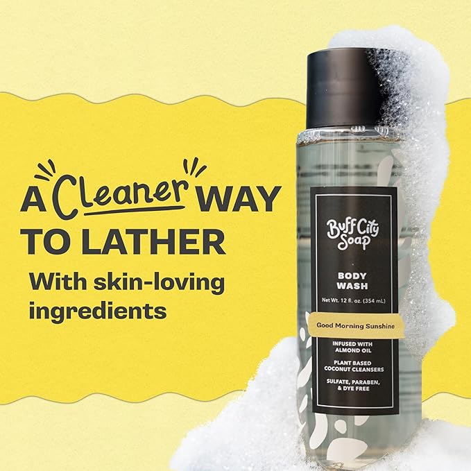 Buff City Soap Plant-Based Body Wash- Coconut Cleansers & Almond Oil Infused, Gentle & Rich Non-Drying Lather, Helps Reduce Moisture Loss & Supports Skin Barrier-Good Morning Sunshine, 12 fl oz