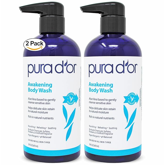 PURA D'OR Awakening Body Wash (16oz x2 = 32oz) Aloe Vera, Chamomile, Lavender, Tea Tree for Invigorating Earthy Scent, pH Balanced for Moisturized Soft, Fresh-Feeling Skin, All Skin Types, Men & Women