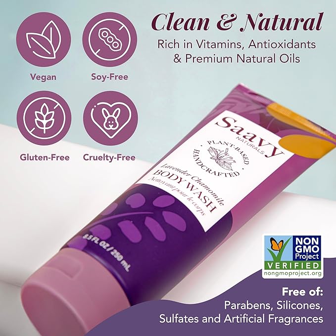 Body Wash Lavender Chamomile Saavy Naturals - Plant-Based Ingredients - Made In USA - Sensitive Skin Body Wash - Organic Formula With Coconut Oil,Shea Butter, And Aloe Vera - 8.5 Fl Oz